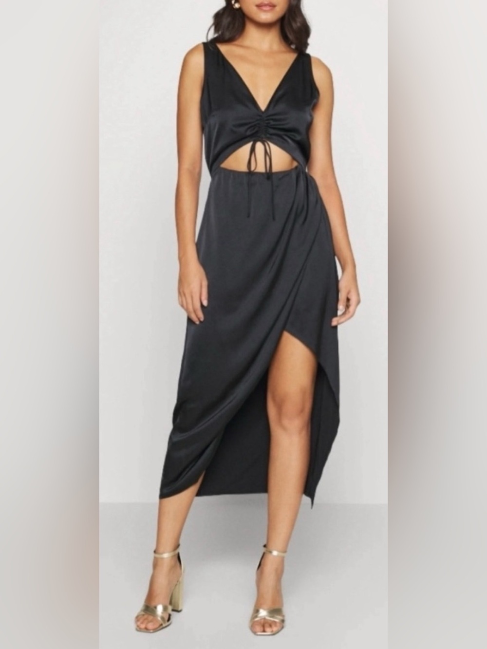 Abercrombie&Fitch Satin Midi Black Dress V Neck Twist , size M